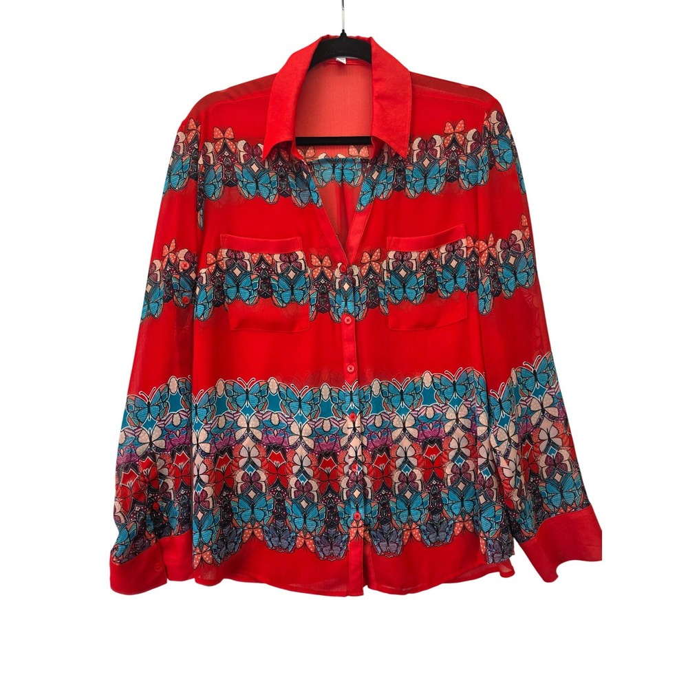 Express The Portofino Shirt Womens Large Red Butterfly Print Slim Fit Blouse L